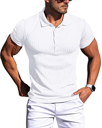 CANGHPGIN Collared Muscle Polo Shirts Men Slim Fit Textured Knit Polo Shirts Short Sleeve Button Down Shirts Casual Stylish White - Image 1