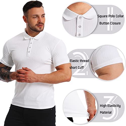 CANGHPGIN Collared Muscle Polo Shirts Men Slim Fit Textured Knit Polo Shirts Short Sleeve Button Down Shirts Casual Stylish White - Image 2