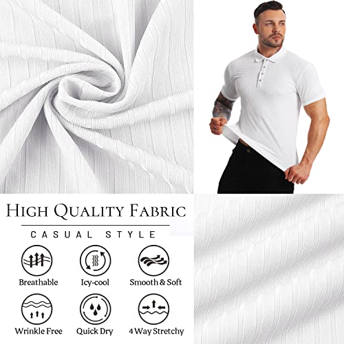 CANGHPGIN Collared Muscle Polo Shirts Men Slim Fit Textured Knit Polo Shirts Short Sleeve Button Down Shirts Casual Stylish White - Image 5
