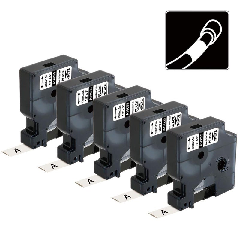Aonomi Replacement for Dymo 18055 a18055 Rhino Heat Shrink Tube Labels, 1/2 Industrial Black on White Label Tape, Work with DYMO Rhino 4200, 5200, 5000 Label Makers, 1/2" x 4.9'(12mm x 1.5m), 5-Pack - Image 1