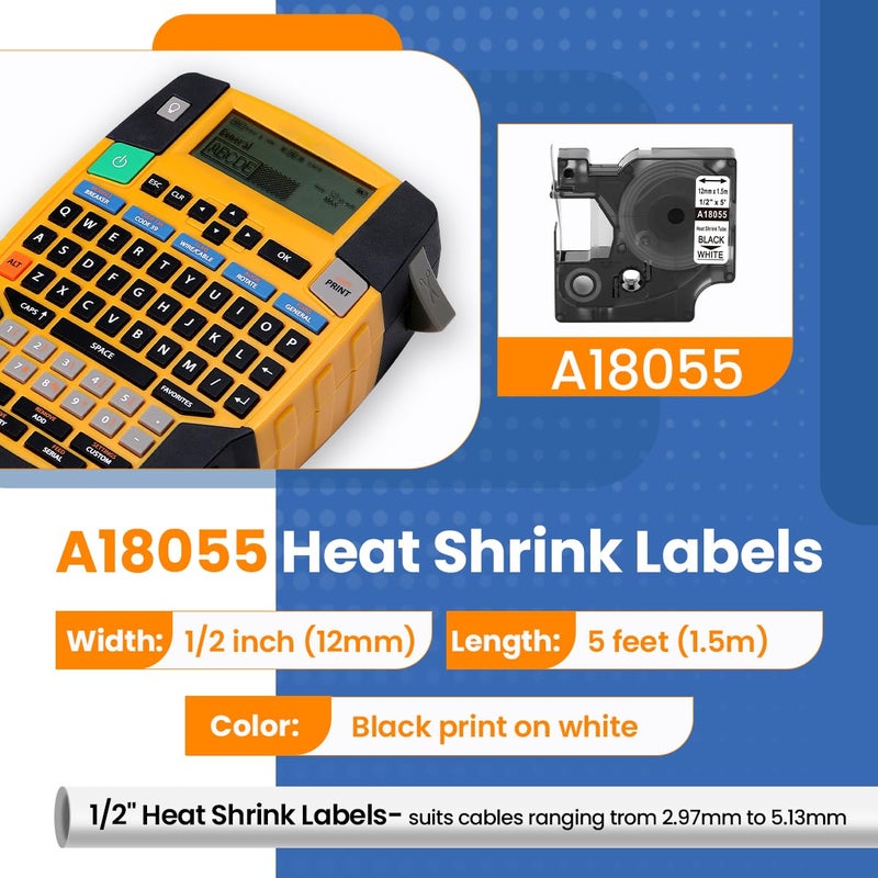 Aonomi Replacement for Dymo 18055 a18055 Rhino Heat Shrink Tube Labels, 1/2 Industrial Black on White Label Tape, Work with DYMO Rhino 4200, 5200, 5000 Label Makers, 1/2" x 4.9'(12mm x 1.5m), 5-Pack - Image 5