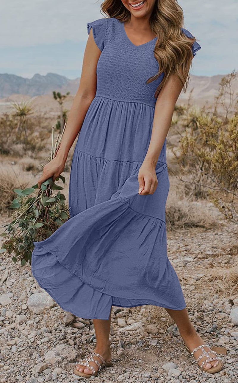 MEROKEETY Women's Flutter Short Sleeve Smocked Midi Dress Summer Casual Tiered A, Line Dress, Dustyblue, XL - Image 2