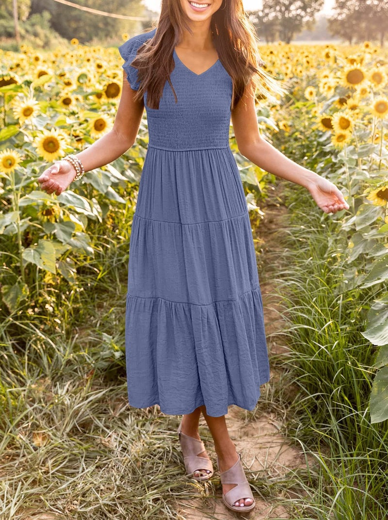 MEROKEETY Women's Flutter Short Sleeve Smocked Midi Dress Summer Casual Tiered A, Line Dress, Dustyblue, XL - Image 3