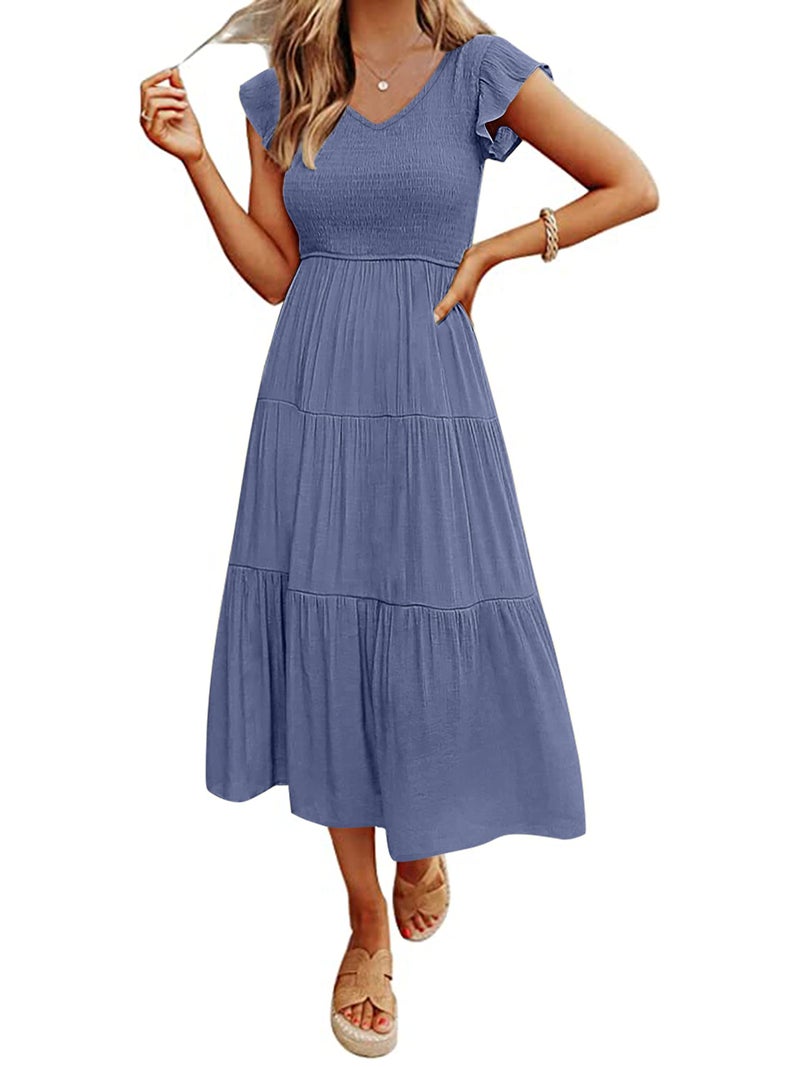 MEROKEETY Women's Flutter Short Sleeve Smocked Midi Dress Summer Casual Tiered A, Line Dress, Dustyblue, XL - Image 5