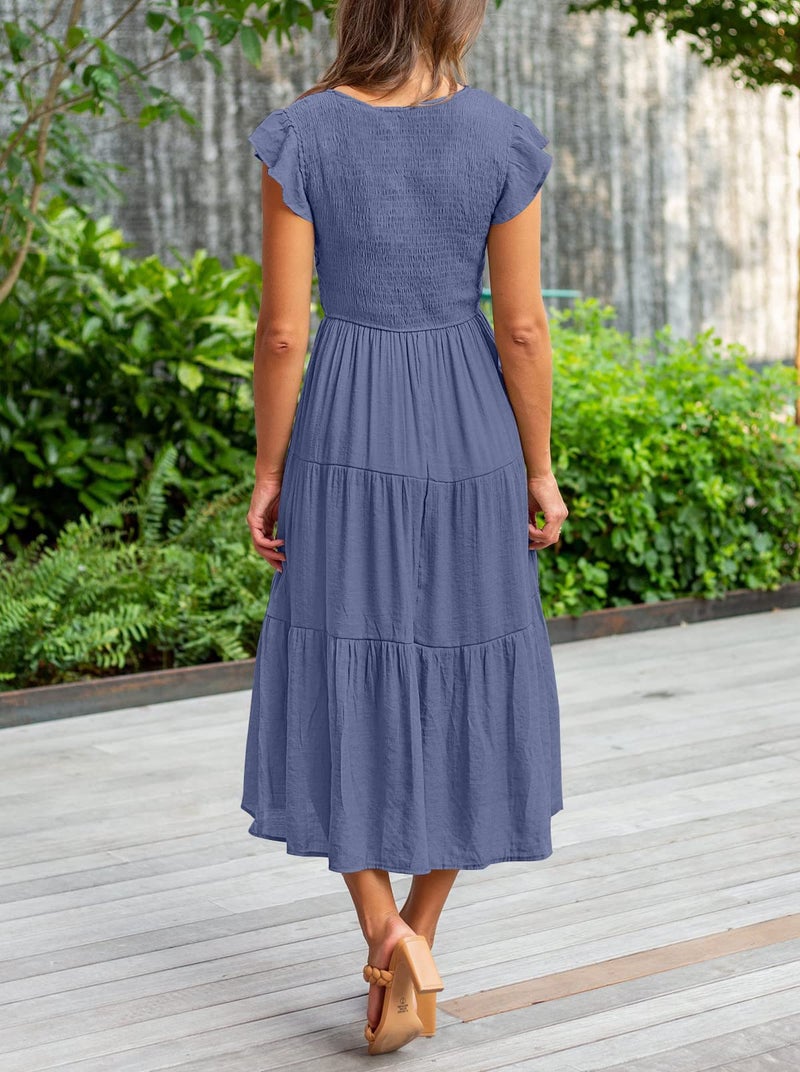 MEROKEETY Women's Flutter Short Sleeve Smocked Midi Dress Summer Casual Tiered A, Line Dress, Dustyblue, XL - Image 4