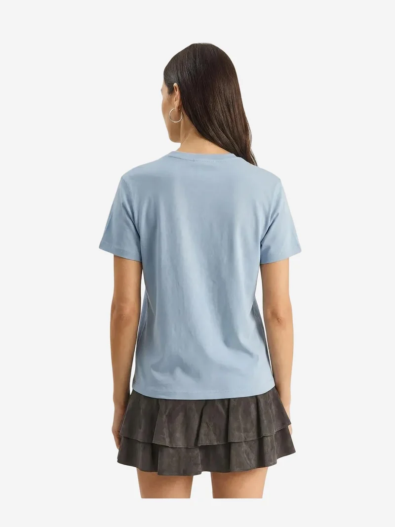 Bianco Lucci Baby Blue LUCCI Embroidered Crew Neck Cotton T-Shirt for Women | Best Price UAE