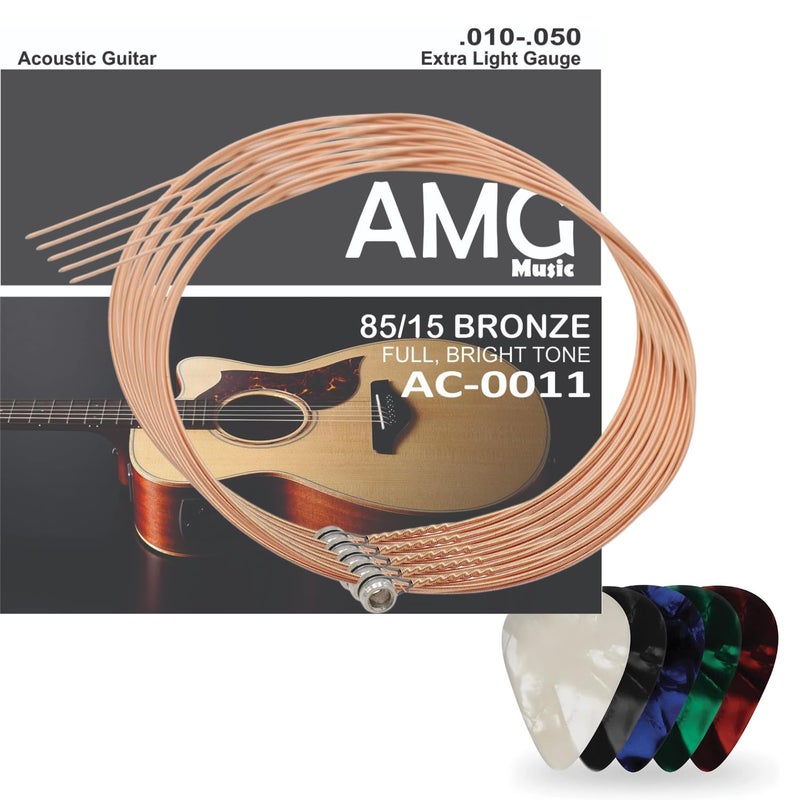 Mocking Bird G-3rd Acoustic Guitar Strings 0.22 Gauge Stainless Steel & Bronze G-3rd String set with Hallow Ball End 3rd Guitar String Replacement String with 5 Picks (Pack of 5) - Image 1