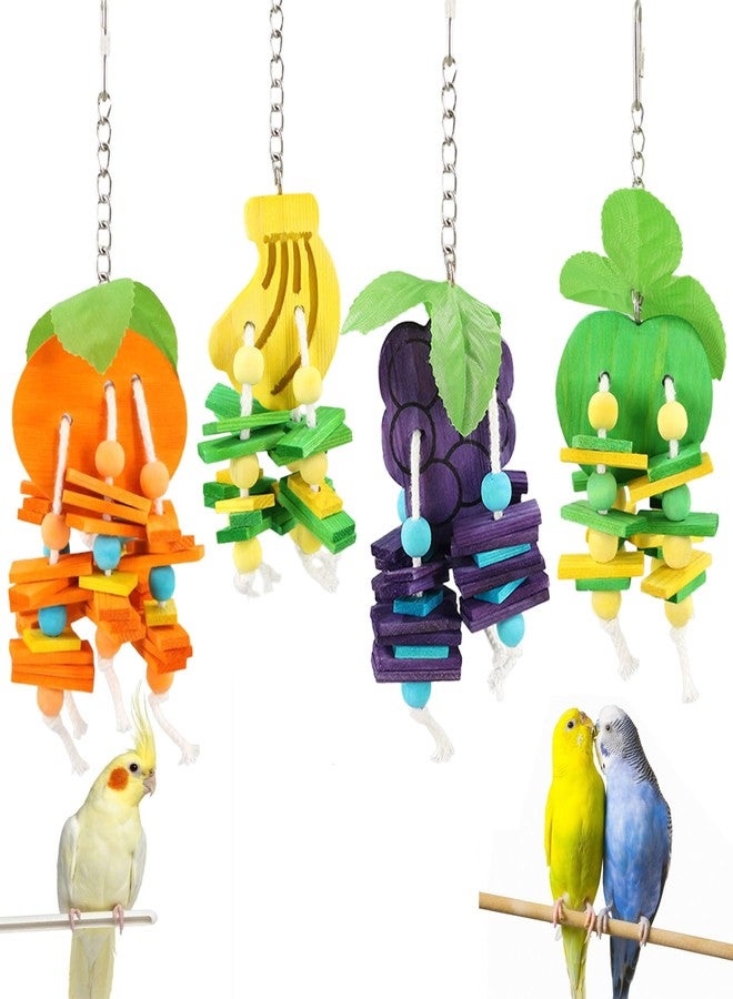 JSLZF Bird Chewing Toy for Parrot Cockatiel Conure Wood Block Cage Hanging Foraging Budgie Bite Toy for Parakeet Small (4PCS Fruit Shape) - Image 1