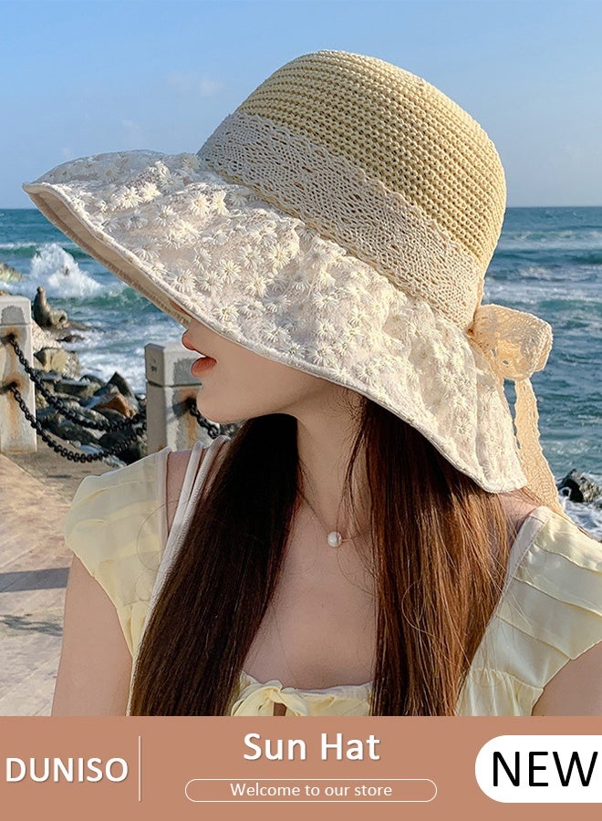 DUNISO Women's Sun Straw Hat Big Bowknot Summer Hollow out Straw Hat Wide Brim Roll Up Beach Cap UV Protection UPF50+ for Vacation Outdoor Activities - Image 1