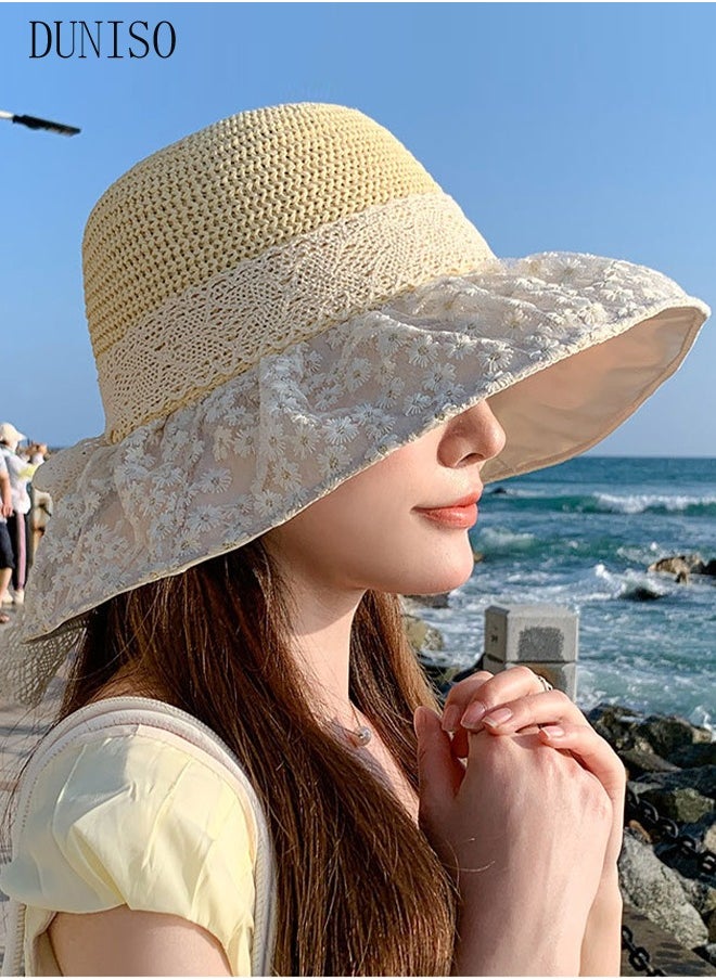 DUNISO - Women's Sun Straw Hat Big Bowknot Summer Hollow out Straw Hat Wide Brim Roll Up Beach Cap UV Protection UPF50+ for Vacation Outdoor Activities - Image 1