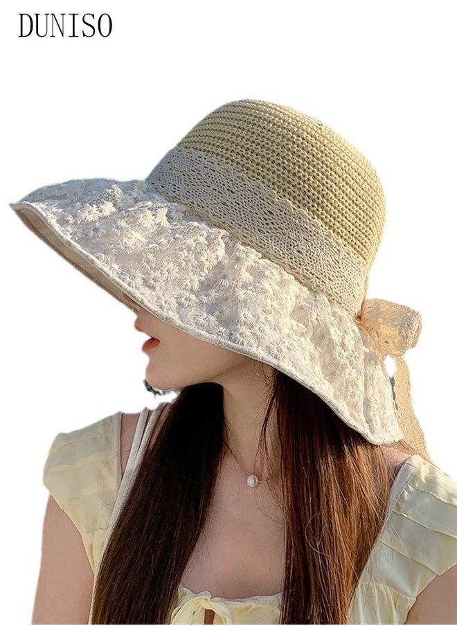 DUNISO - Women's Sun Straw Hat Big Bowknot Summer Hollow out Straw Hat Wide Brim Roll Up Beach Cap UV Protection UPF50+ for Vacation Outdoor Activities - Image 1
