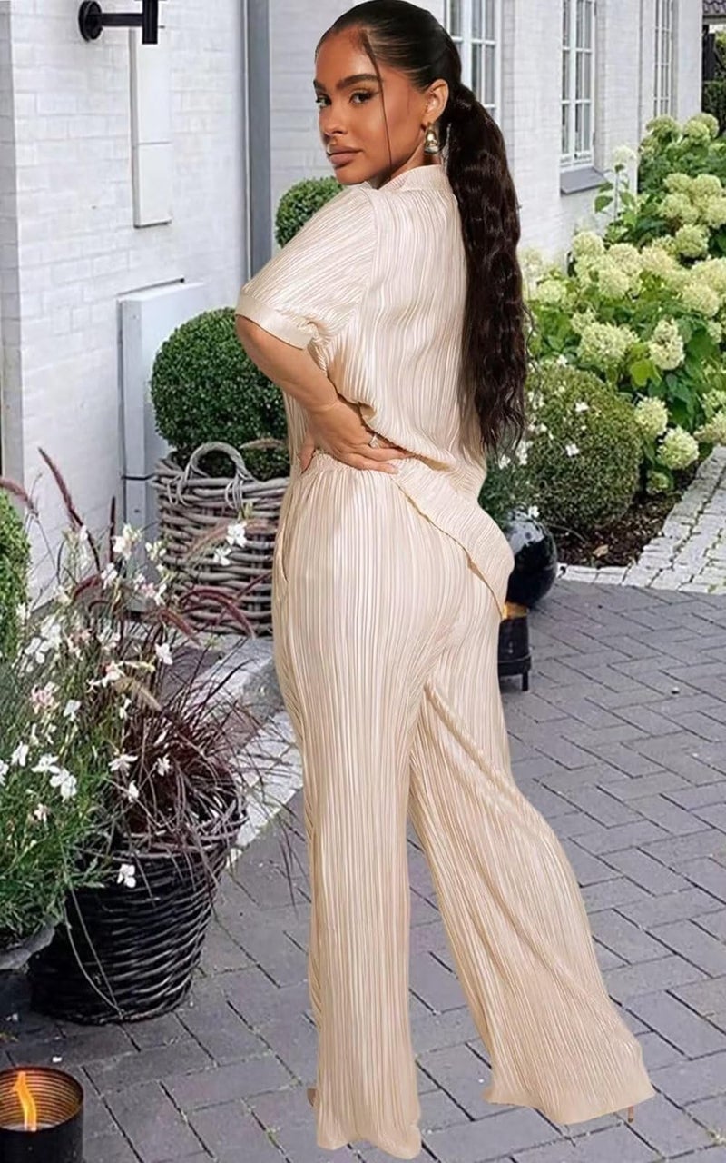 Ekaliy Women 2 Piece Dressy Outfits Short Sleeve Button Down Shirts Blouses Tops Wide Long Pants Summer Tracksuit Beige M - Image 2