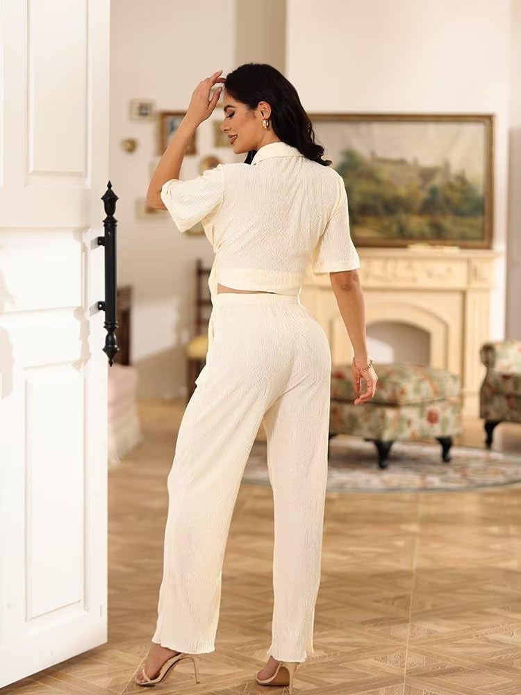 Ekaliy Women 2 Piece Dressy Outfits Short Sleeve Button Down Shirts Blouses Tops Wide Long Pants Summer Tracksuit Beige M - Image 4