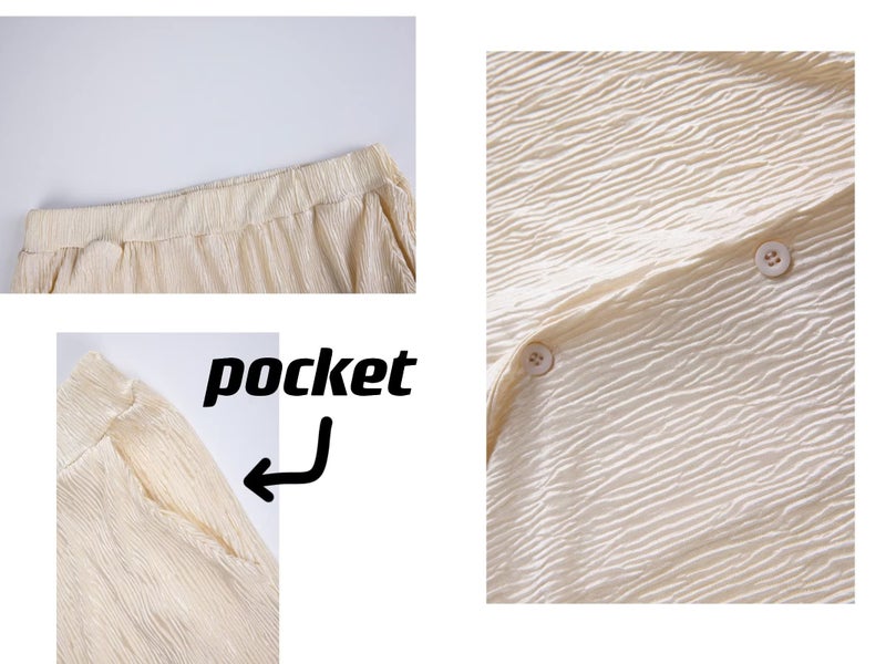 Ekaliy Women 2 Piece Dressy Outfits Short Sleeve Button Down Shirts Blouses Tops Wide Long Pants Summer Tracksuit Beige M - Image 5