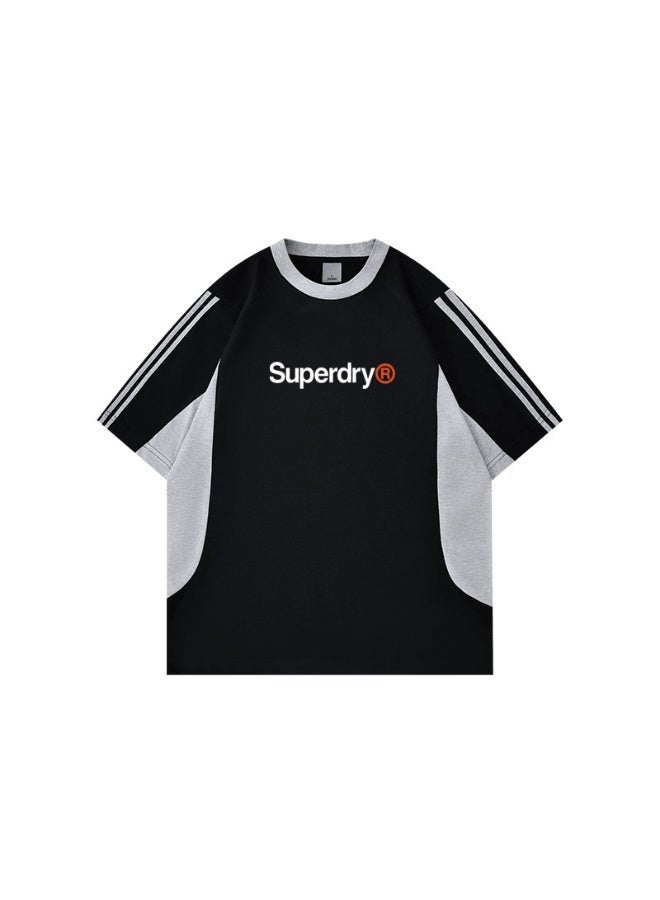 سوبر دراي Superdry men and women with the same heavyweight 100% cotton T-shirt, LOGO printed retro color block striped short-sleeved casual T-shirt. - Image 3