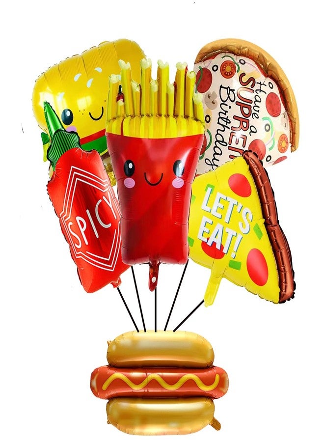 CSTYWC 6PCS Hamburger Hot Dog Ketchup Bottles Mustard Bottles French Fries Pizza Slice Shaped Foil Balloons Food Balloons for Birthday Baby Shower BBQ Picnic Cookout Fast Food Snacks Party Decorations - Image 2