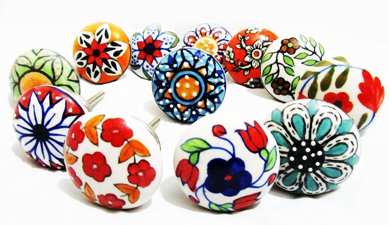 JGARTS 12 x Mix Vintage Look Flower Ceramic Knobs Door Handle Cabinet Drawer Cupboard Pull 12 Flat