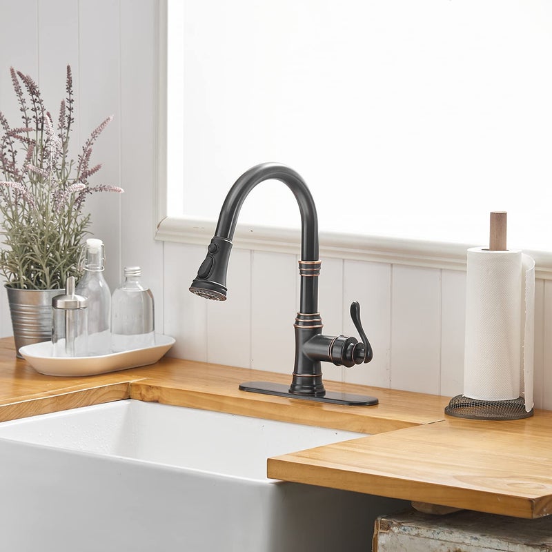 BATHFINESSE Kitchen Faucet, Oil Rubbed Bronze Finish, 360 Degree Swivel, 20-Inch Retractable Hose, Easy to Install, 3-Hole Mount - Image 3