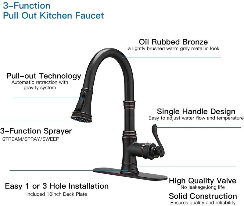 BATHFINESSE Kitchen Faucet, Oil Rubbed Bronze Finish, 360 Degree Swivel, 20-Inch Retractable Hose, Easy to Install, 3-Hole Mount - Image 2