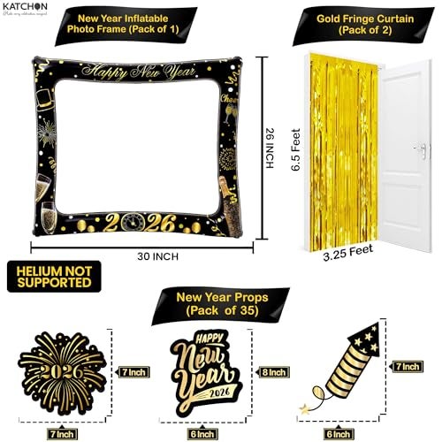 KatchOn New Years Photo Booth Props Frame Set 30 Inch Pack of 38 New Years Eve Photo Booth Props for Happy New Years Decorations 2026 Gold Foil Fringe Curtains for NYE Decorations 2026 - Image 3