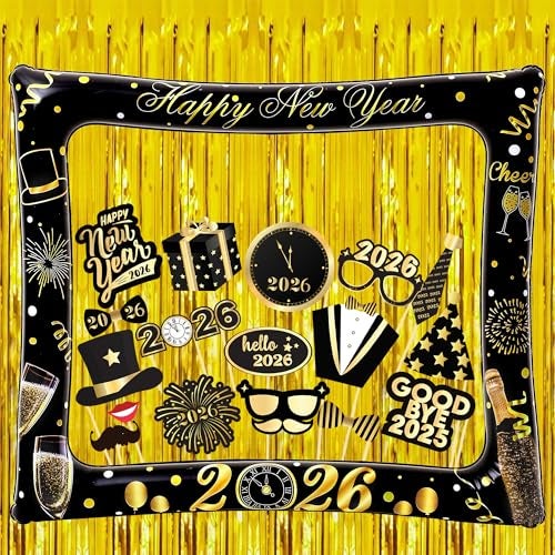 KatchOn New Years Photo Booth Props Frame Set 30 Inch Pack of 38 New Years Eve Photo Booth Props for Happy New Years Decorations 2026 Gold Foil Fringe Curtains for NYE Decorations 2026 - Image 1