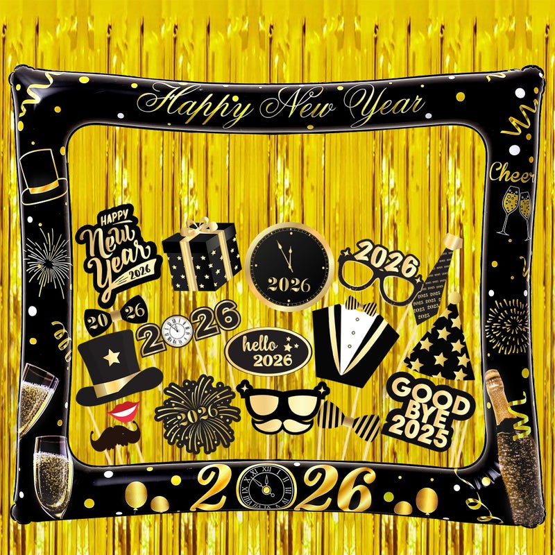 KatchOn New Years Photo Booth Props Frame Set 30 Inch Pack of 38 New Years Eve Photo Booth Props for Happy New Years Decorations 2026 Gold Foil Fringe Curtains for NYE Decorations 2026 - Image 2