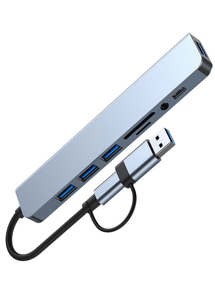 USB 3.0  Type-C to 8-Port Hub – USB 3.0 x1 + USB 2.0 x3 + TF/SD Card Reader + Type-C Data + 3.5mm Audio Port – Multiport Adapter for Laptop, Phone, Tablet – Aluminum Shell, 135mm Cable – Boxed - Image 3