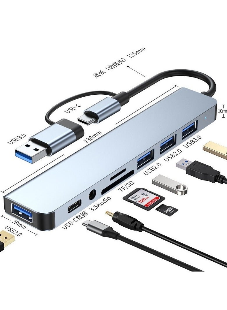 USB 3.0  Type-C to 8-Port Hub – USB 3.0 x1 + USB 2.0 x3 + TF/SD Card Reader + Type-C Data + 3.5mm Audio Port – Multiport Adapter for Laptop, Phone, Tablet – Aluminum Shell, 135mm Cable – Boxed - Image 2