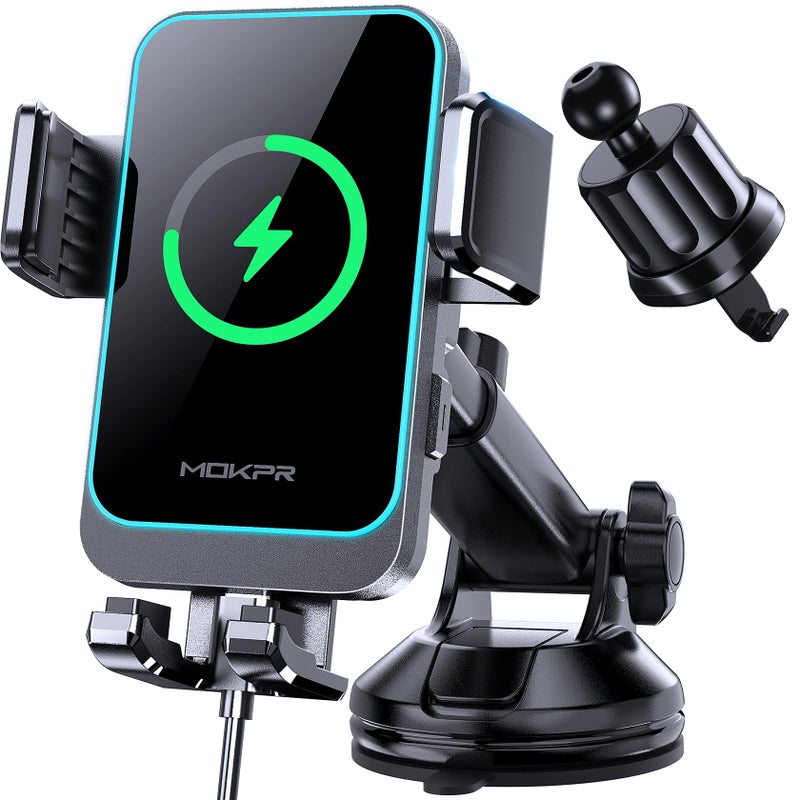 MOKPR Wireless Car Charger, MOKPR 15W Fast Charging Auto Clamping Dashboard Windshield Air Vent Car Phone Holder with LED Light Car Charger for iPhone 16 15/14/13/12 Pro Max Plus, Samsung S23/S22/S21,etc - Image 1