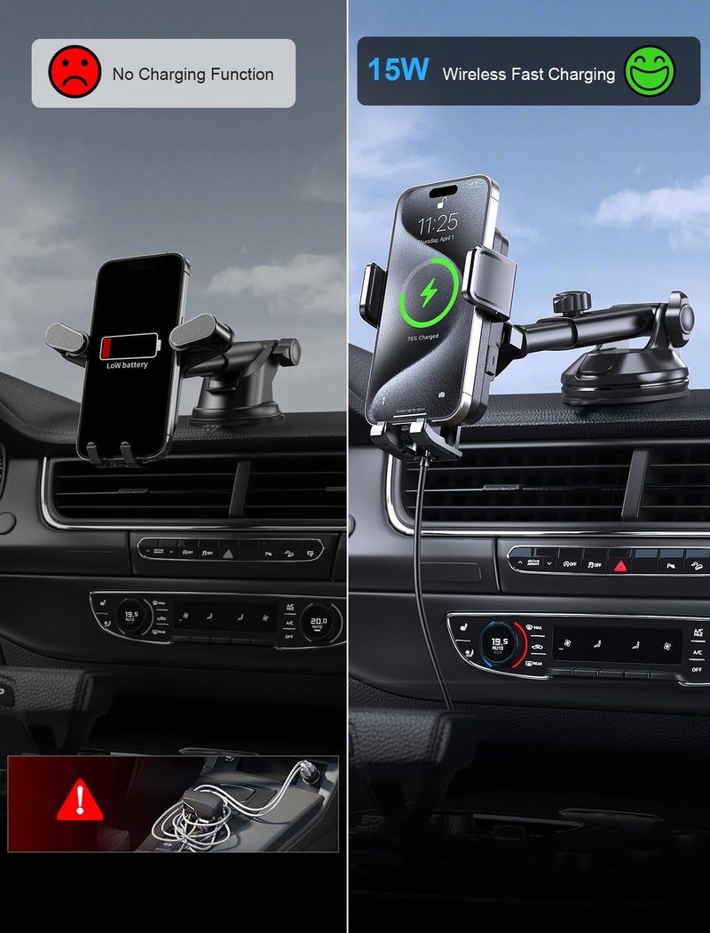 MOKPR Wireless Car Charger, MOKPR 15W Fast Charging Auto Clamping Dashboard Windshield Air Vent Car Phone Holder with LED Light Car Charger for iPhone 16 15/14/13/12 Pro Max Plus, Samsung S23/S22/S21,etc - Image 3