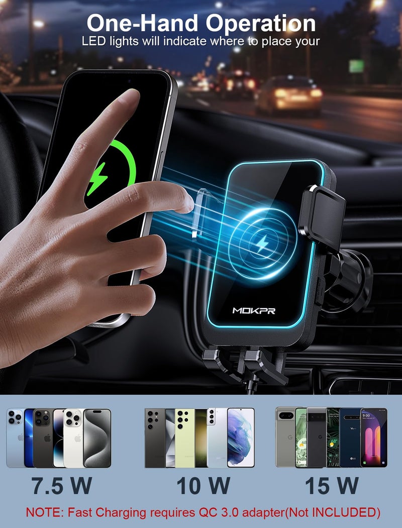 MOKPR Wireless Car Charger, MOKPR 15W Fast Charging Auto Clamping Dashboard Windshield Air Vent Car Phone Holder with LED Light Car Charger for iPhone 16 15/14/13/12 Pro Max Plus, Samsung S23/S22/S21,etc - Image 5