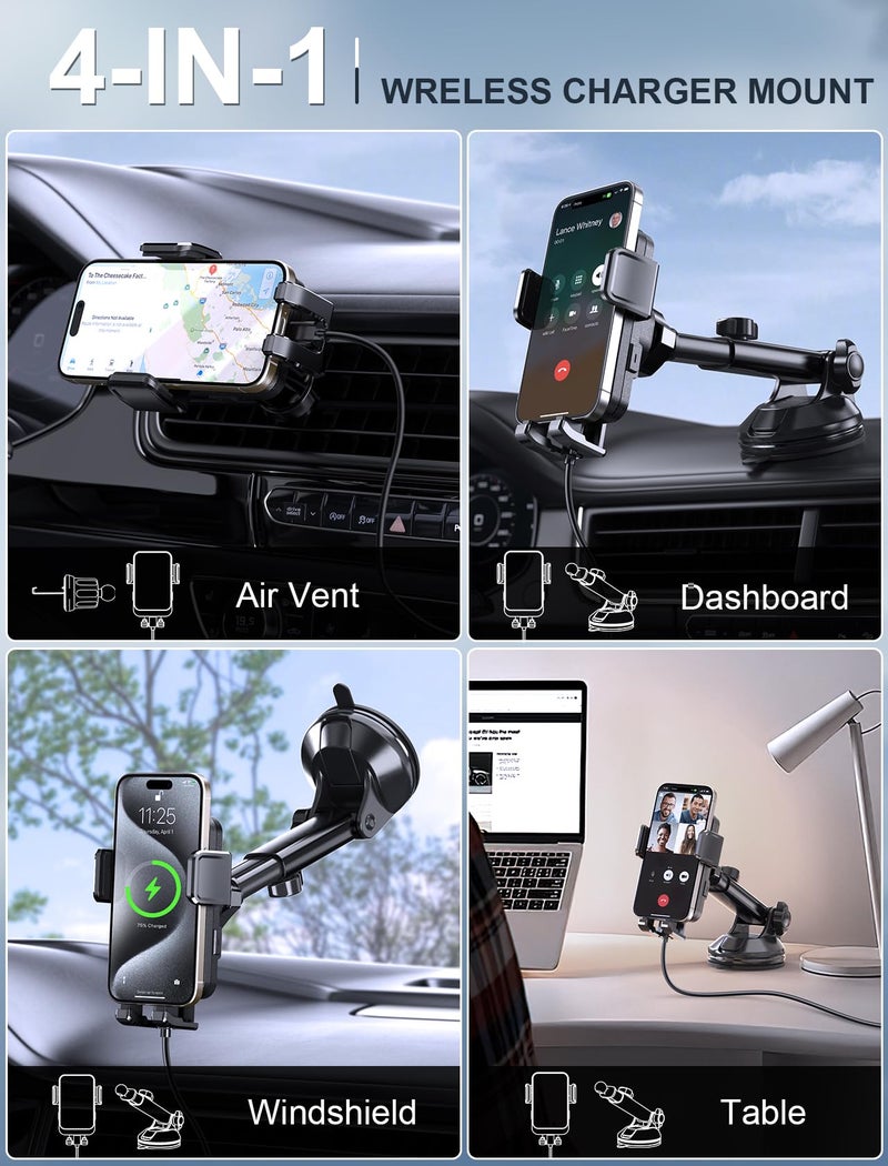 MOKPR Wireless Car Charger, MOKPR 15W Fast Charging Auto Clamping Dashboard Windshield Air Vent Car Phone Holder with LED Light Car Charger for iPhone 16 15/14/13/12 Pro Max Plus, Samsung S23/S22/S21,etc - Image 2