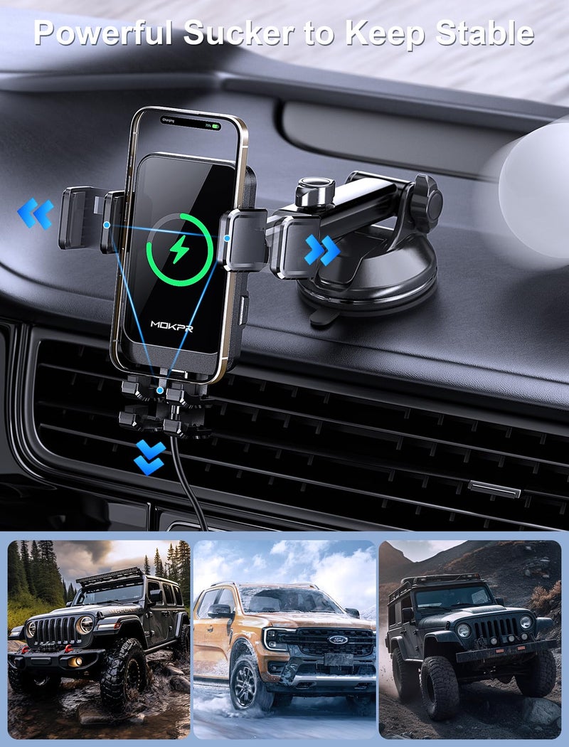 MOKPR Wireless Car Charger, MOKPR 15W Fast Charging Auto Clamping Dashboard Windshield Air Vent Car Phone Holder with LED Light Car Charger for iPhone 16 15/14/13/12 Pro Max Plus, Samsung S23/S22/S21,etc - Image 4
