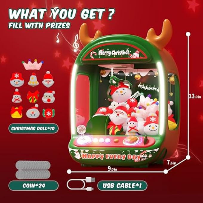 CHRISTMAS CLAW MACHINE FOR KIDS, HOLIDAY TOYS FOR GIRLS AGE 6+, MINI ARCADE GAME VENDING MACHINE WITH PLUSH TOYS AND CANDY DISPENSER, FESTIVE CLAW GAME FOR GIRLS - Image 2