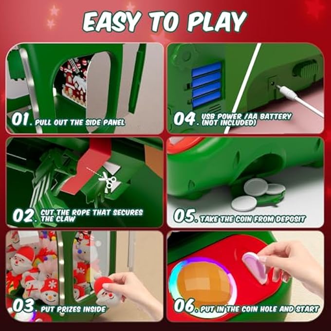 CHRISTMAS CLAW MACHINE FOR KIDS, HOLIDAY TOYS FOR GIRLS AGE 6+, MINI ARCADE GAME VENDING MACHINE WITH PLUSH TOYS AND CANDY DISPENSER, FESTIVE CLAW GAME FOR GIRLS - Image 5