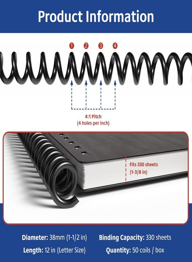 TruBind 38mm (1-1/2 in.) Spiral Binding Coils for Reports, Presentations and Proposals | 4:1 Pitch | 12 in. Length | Black | 330 Sheets Binding Capacity | 50 Pack - Image 4