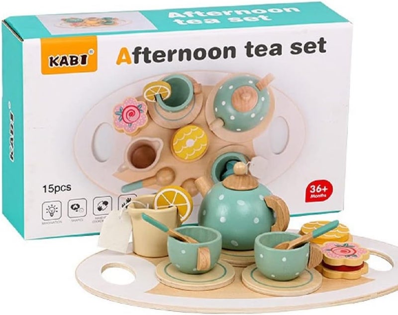 Kidzilla Kids Tea Toy Set with Tea Pot Cups- Wooden, Toddler Girl Boy Afternoon Tea Toy Kitchen Accessories Play Food Playset for Kids Tea Party Toys - Image 1