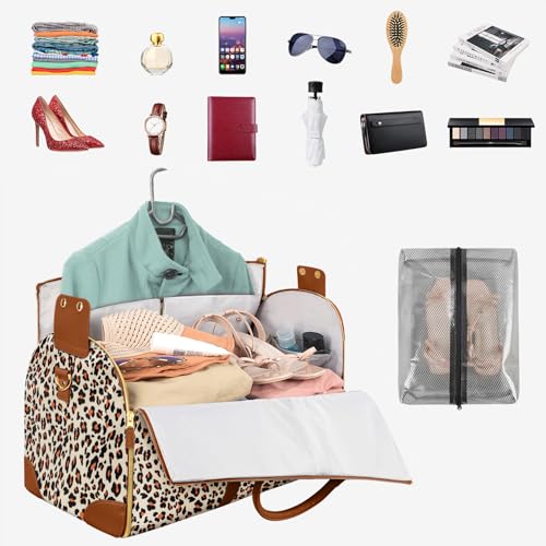 Ytonet Convertible Garment Bags for Travel, Large Carry on Garment Weekender Bag, Water Resistant Travel Duffel Bags with Shoe Pouch, 2 in 1 Hanging Suitcase Suit Foldable Travel Bags, Leopard - Image 2