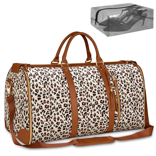 Ytonet Convertible Garment Bags for Travel, Large Carry on Garment Weekender Bag, Water Resistant Travel Duffel Bags with Shoe Pouch, 2 in 1 Hanging Suitcase Suit Foldable Travel Bags, Leopard - Image 1