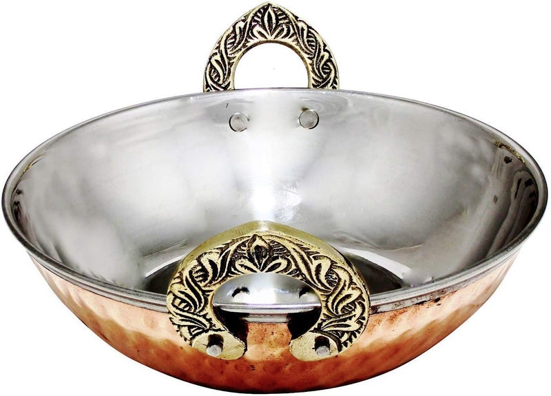 HarLen Ukal Set of 50 Indian Copper Serveware Karahi Vegetable Dinner Bowl with Solid Brass Handle for Indian Food Diameter 7 Inches  - Image 4