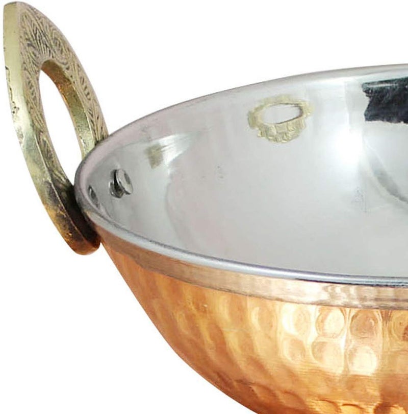 HarLen Ukal Set of 50 Indian Copper Serveware Karahi Vegetable Dinner Bowl with Solid Brass Handle for Indian Food Diameter 7 Inches  - Image 3