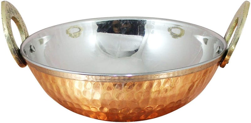 HarLen Ukal Set of 50 Indian Copper Serveware Karahi Vegetable Dinner Bowl with Solid Brass Handle for Indian Food Diameter 7 Inches  - Image 2