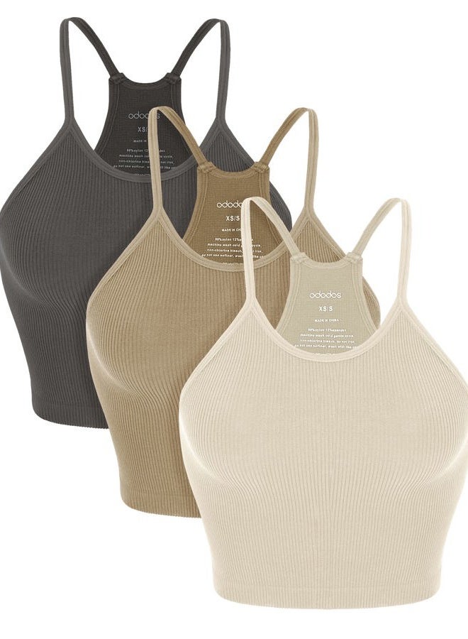 ODODOS Women's Crop 3-Pack Seamless Rib-Knit Camisole Crop Tank Tops, Mushroom Taupe Charcoal, X-Large/XX-Large - Image 1