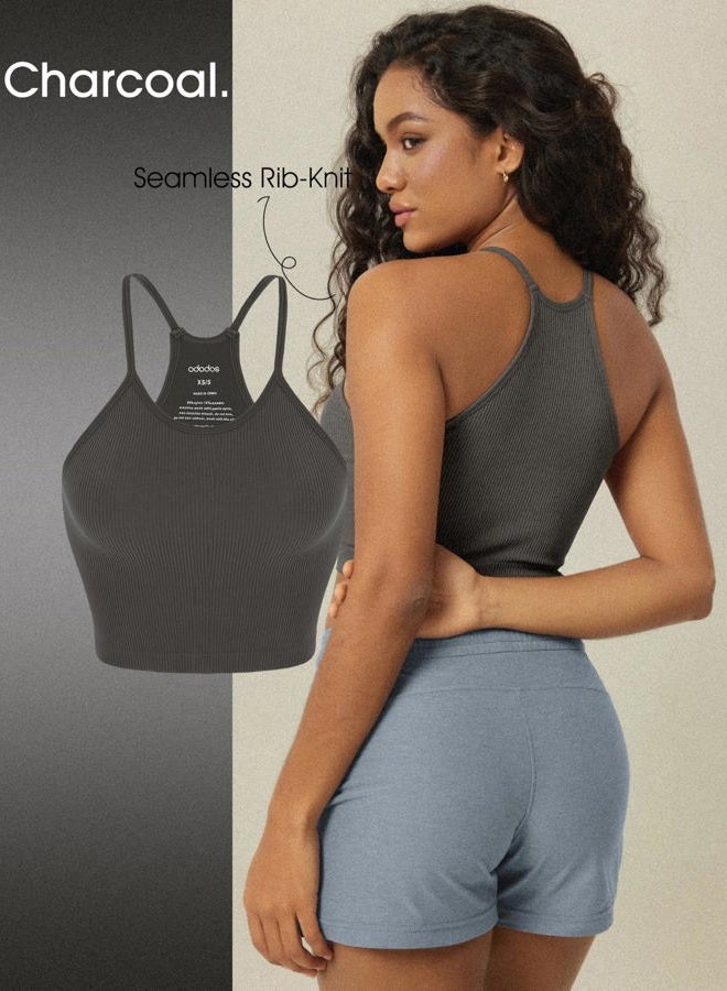 ODODOS Women's Crop 3-Pack Seamless Rib-Knit Camisole Crop Tank Tops, Mushroom Taupe Charcoal, X-Large/XX-Large - Image 5