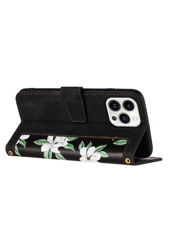 S-TOP Case For iPhone 14 Pro Max Floral Pattern Leather Phone Case with Lanyard - Image 4