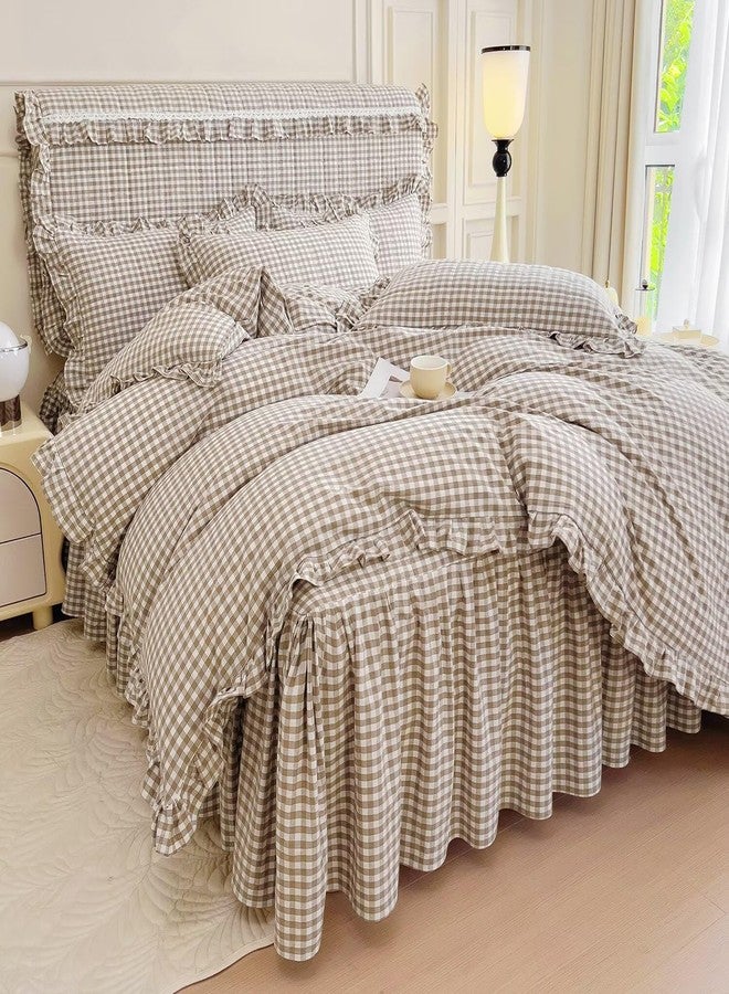 mixinni Vintage Ruffle Tan Gingham Comforter Set 3-Piece Washed Cotton Twin XL Beige Grid Bedding Set with Taupe Geometric Checkered Pattern, Farmhouse Chic Soft Fluffy Comforter for All-Season - Image 5