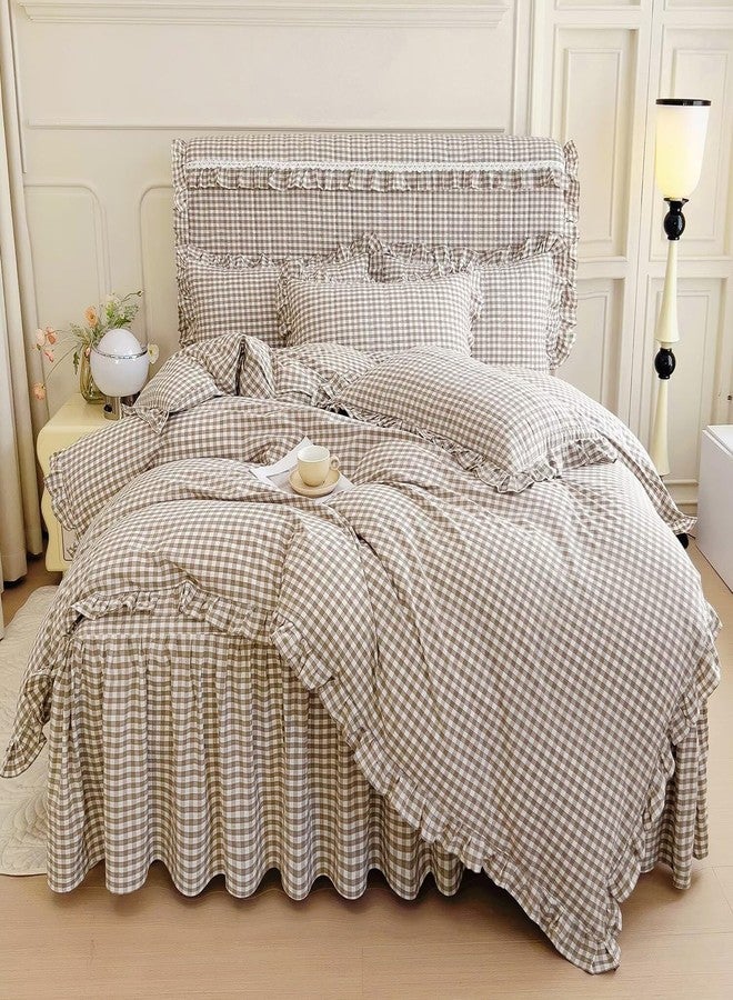 mixinni Vintage Ruffle Tan Gingham Comforter Set 3-Piece Washed Cotton Twin XL Beige Grid Bedding Set with Taupe Geometric Checkered Pattern, Farmhouse Chic Soft Fluffy Comforter for All-Season - Image 2