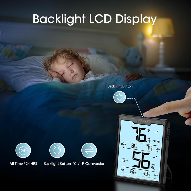 DOQAUS دوقاوس () جهاز قياس رطوبة رقمي داخلي، مقياس حرارة مزود بشاشة عرض LCD كبيرة، جهاز مراقبة لدرجة الحرارة والرطوبة مع إمكانية تسجيل القيم القصوى والدنيا، لون أسود - Image 2