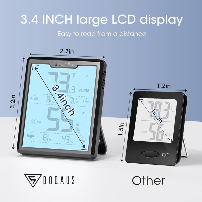 DOQAUS دوقاوس () جهاز قياس رطوبة رقمي داخلي، مقياس حرارة مزود بشاشة عرض LCD كبيرة، جهاز مراقبة لدرجة الحرارة والرطوبة مع إمكانية تسجيل القيم القصوى والدنيا، لون أسود - Image 3