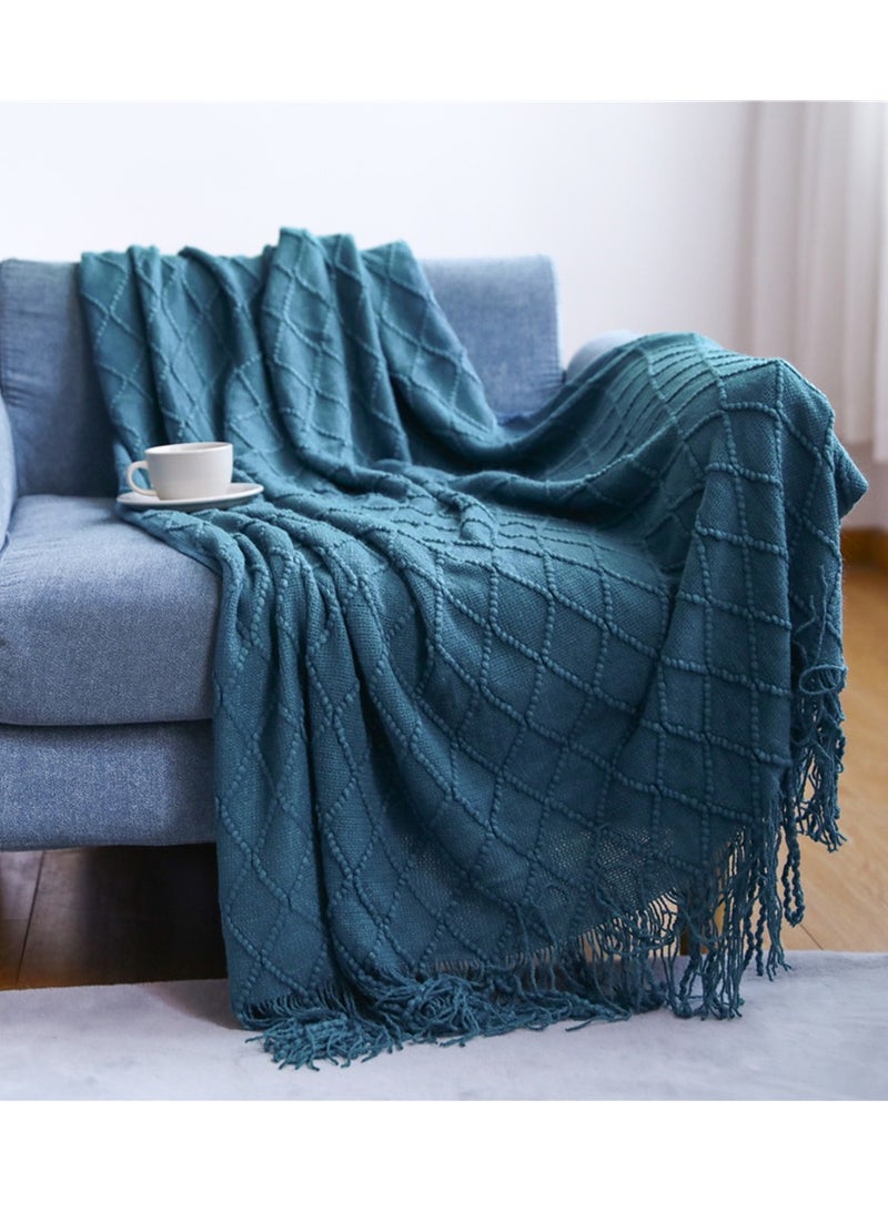 Loquat Tassel Design Knitted Soft Throw Blanket Keep Warm Ginger Morandi Blue 